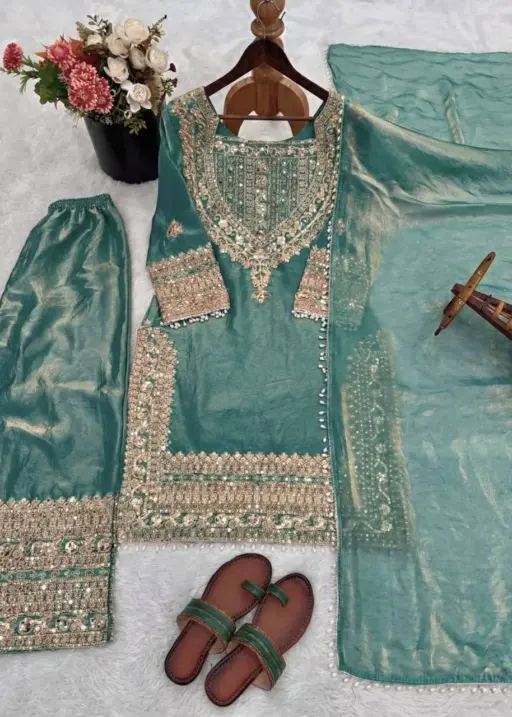 Mint Heavy Embroidery Straight Suit for Eid Festival