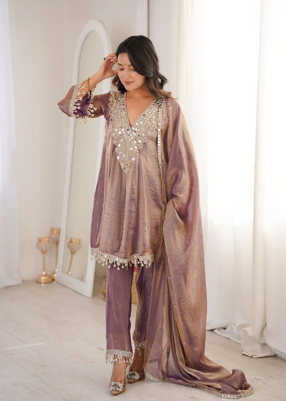 Mirror Work Designer Kurti Pant Dupatta Set - Image 2