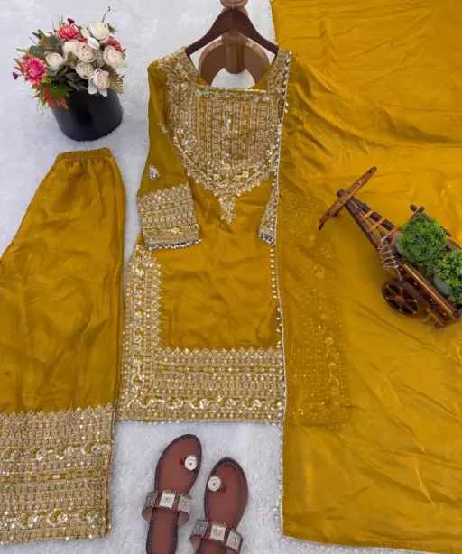Mustard Wedding Readymade Embroidery Dress