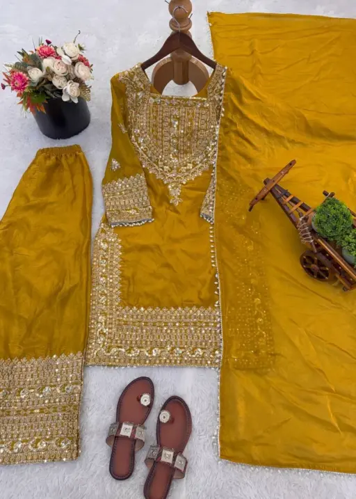 Mustard Wedding Readymade Embroidery Dress