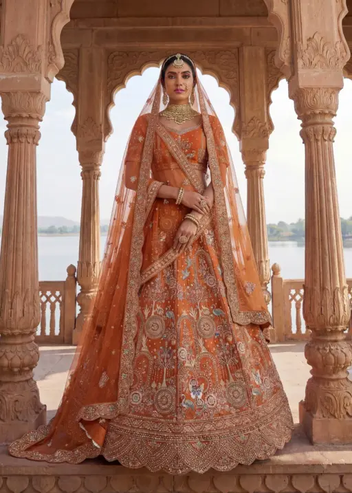 Orange Color Double Dupatta Bridal Lehenga Choli