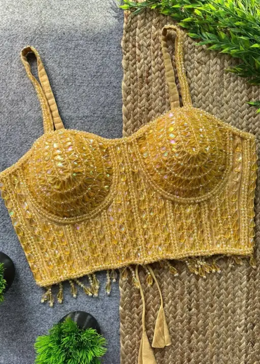 Party Wear Pearl Moti Spaghetti Blouse Golden