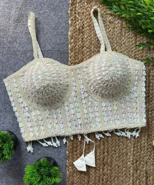 Party Wear Pearl Moti Spaghetti Blouse White