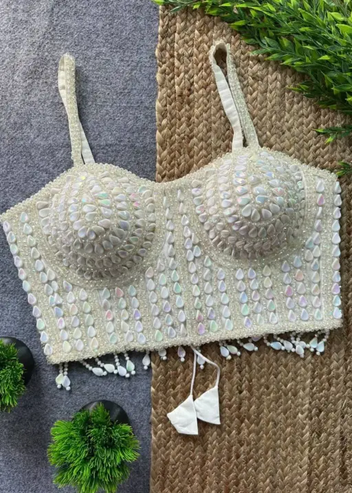 Party Wear Pearl Moti Spaghetti Blouse White