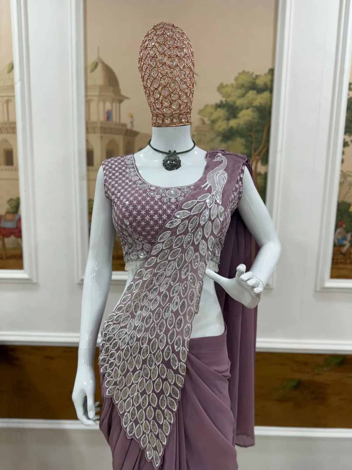 Peacock Pallu Readymade Saree for Wedding - Image 3