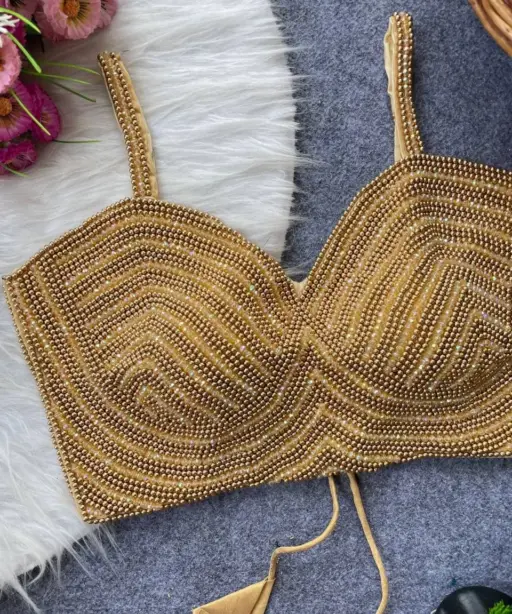 Pearl Moti Spaghetti Blouse Golden Color