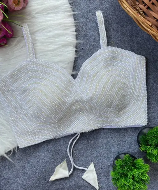Pearl Moti Spaghetti Blouse White Color