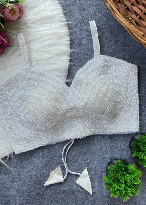 Pearl Moti Spaghetti Blouse White Color