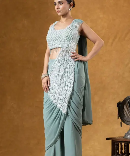 Pista Peacock Pallu Readymade Saree for Wedding