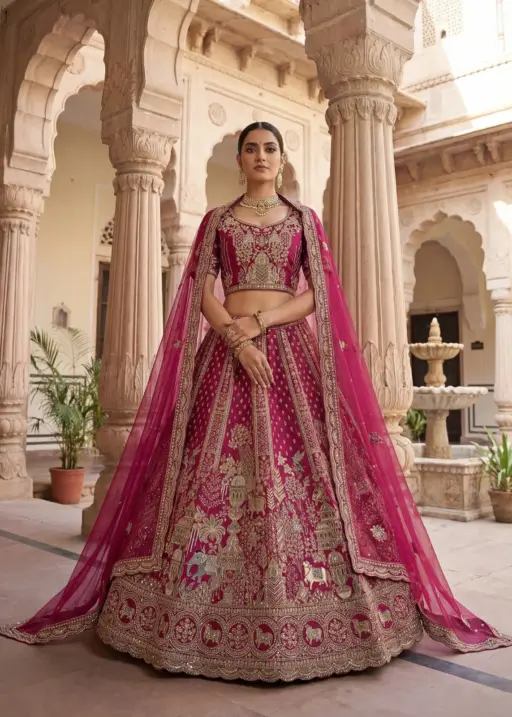 Rani Bridal Double Dupatta Lehenga with Handwork