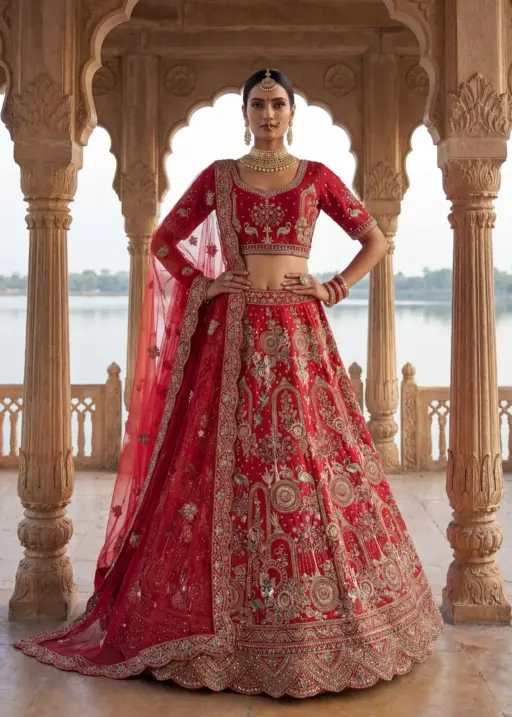 Rani Pink Bridal Lehenga Choli with Double Dupatta Under 20000