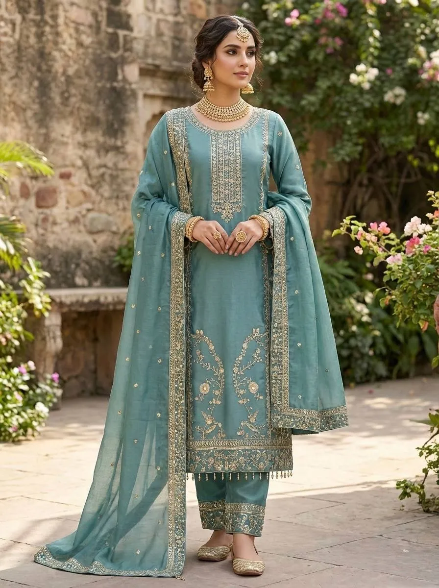 Sea Green Pakistani Pant Suit Set - Image 4