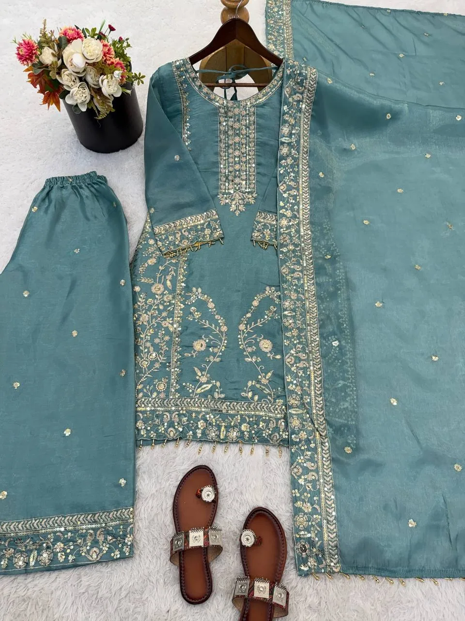Sea Green Pakistani Pant Suit Set - Image 3