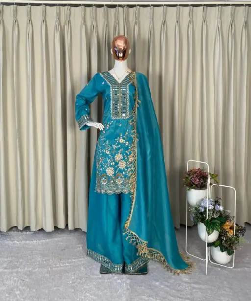 Sky Blue Designer Mirror Work Plazzo Set