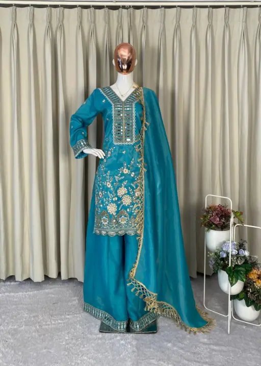 Sky Blue Designer Mirror Work Plazzo Set