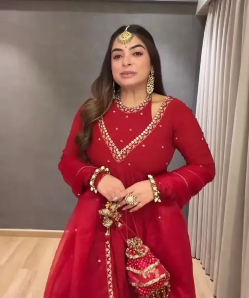 Stylish Neck Pattern Red Anarkali Suit Set