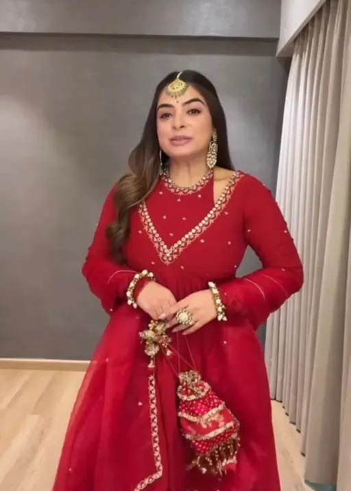 Stylish Neck Pattern Red Anarkali Suit Set