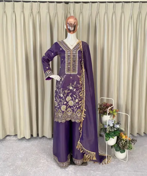 Violet Designer Mirror Work Plazzo Set