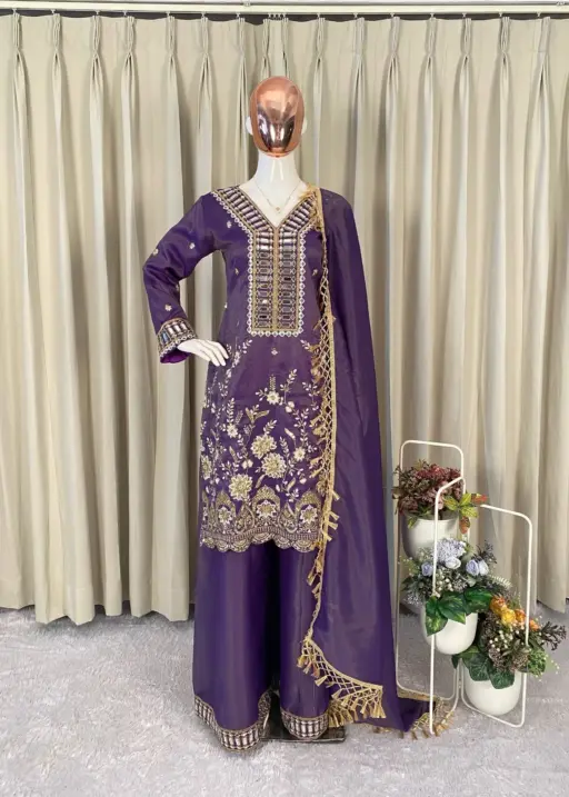 Violet Designer Mirror Work Plazzo Set