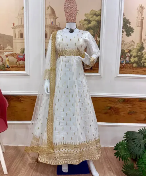 White Anarkali with Golden Embroidery for Eid Festival
