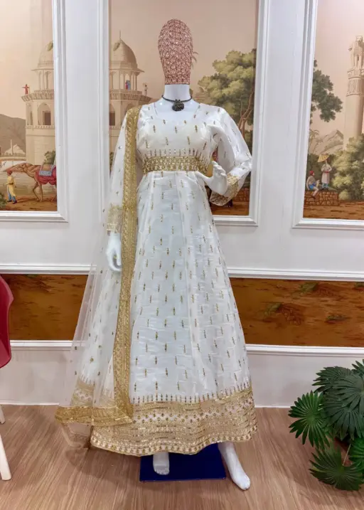 White Anarkali with Golden Embroidery for Eid Festival