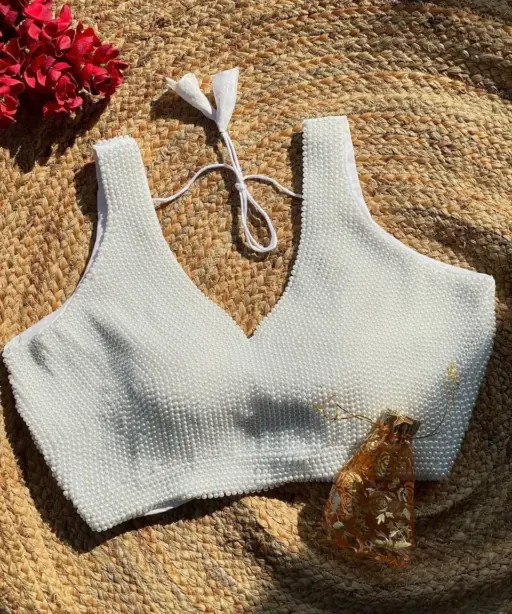 White Pearl Moti Sleeveless Blouse for Wedding