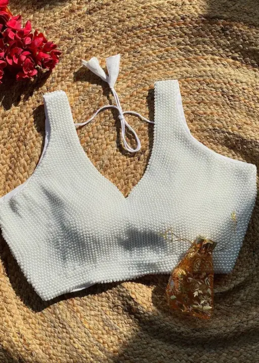 White Pearl Moti Sleeveless Blouse for Wedding