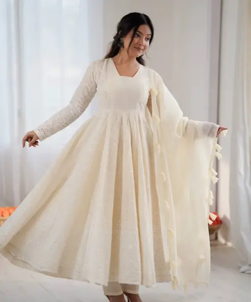 White Schiffli Work Anarkali Gown