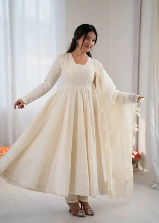 White Schiffli Work Anarkali Gown
