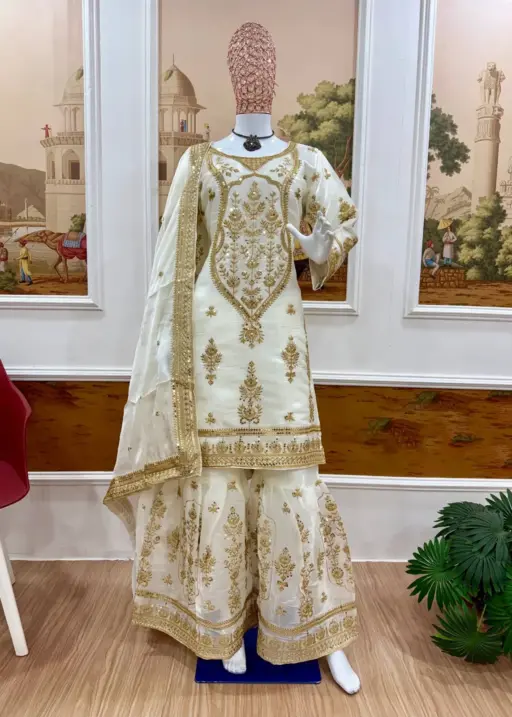 White Sharara with Golden Embroidery for Eid Festival