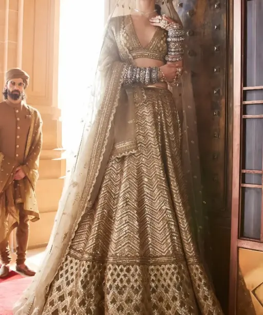 Antique Gold Bridal Lehenga with Heavy Embroidery & Net Dupatta