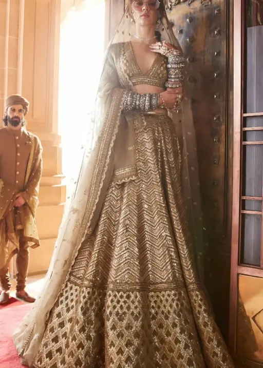 Antique Gold Bridal Lehenga with Heavy Embroidery & Net Dupatta