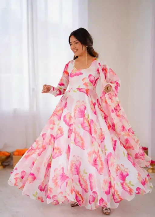 Big Flair Flower Printed Gown with Dupatta White