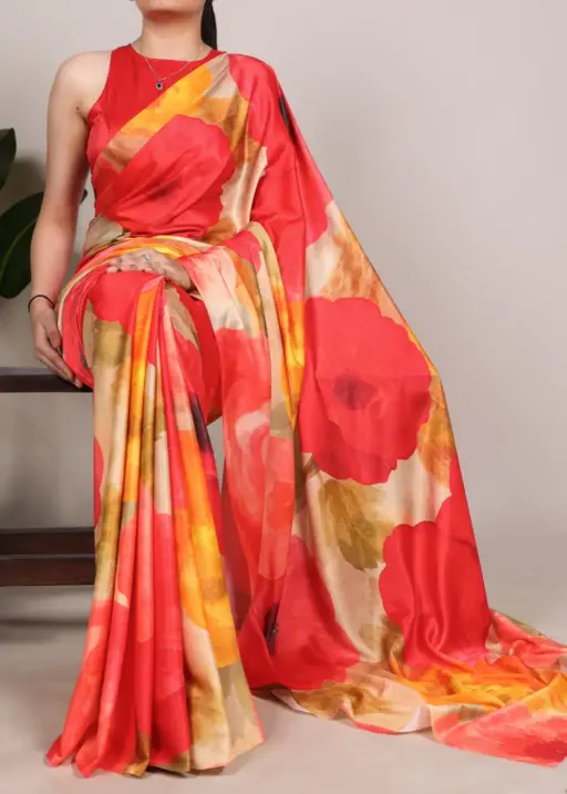 Big Lotus Printed Satin Saree