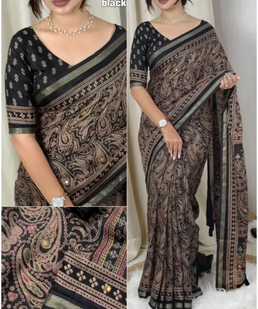 Black Ajrakh Printed Saree