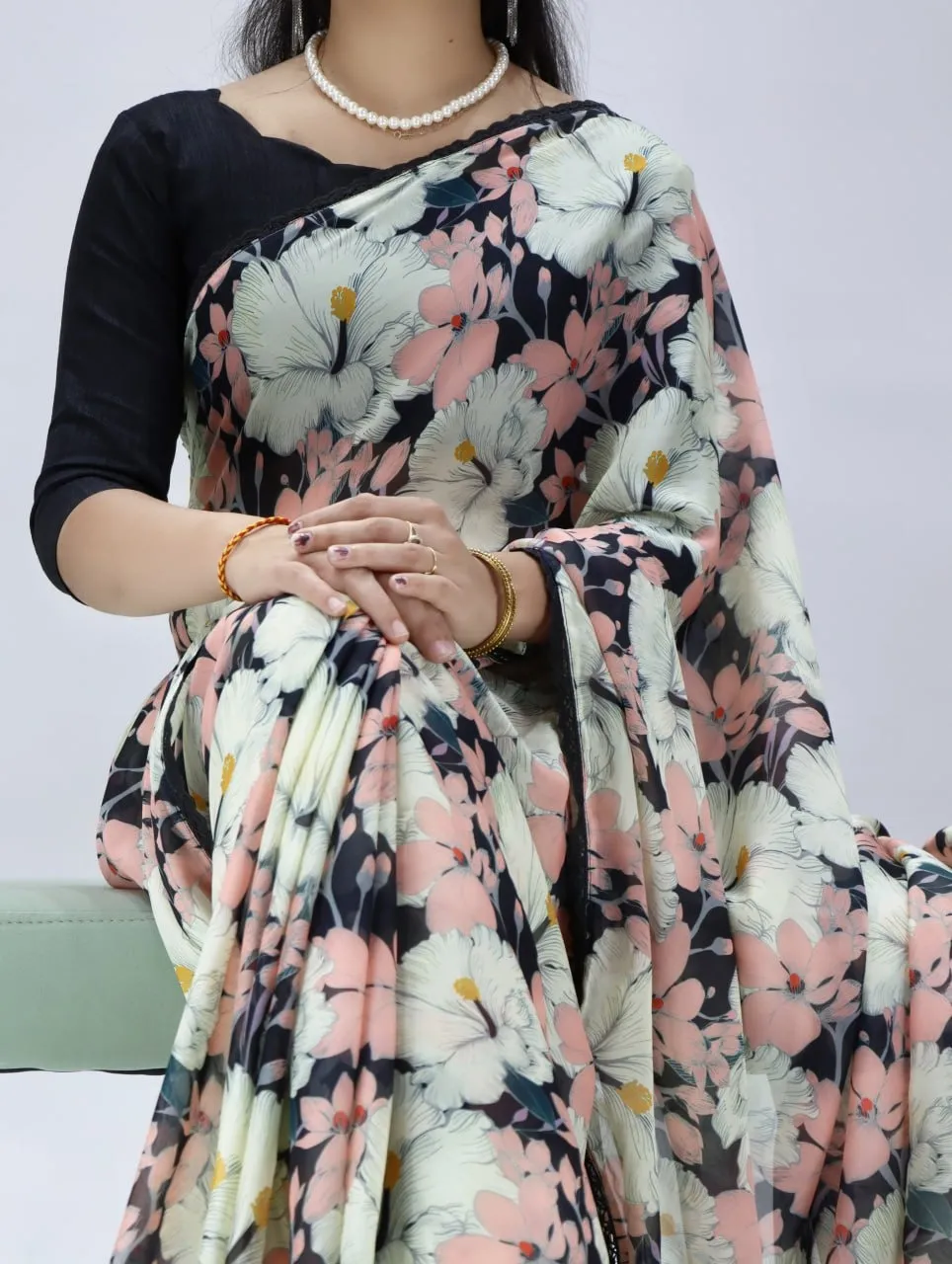 Black Floral Beautiful saree - Image 2