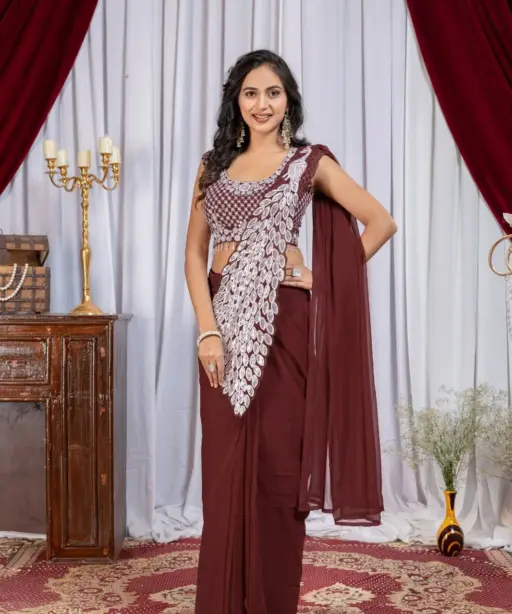 Brown Color Peacock Pallu Readymade Saree