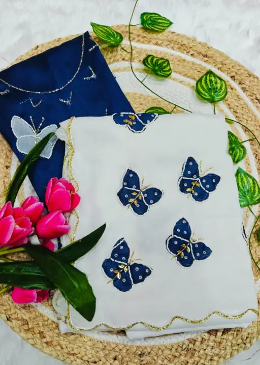 Butterfly Handwork Saree White Blue