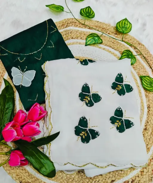 Butterfly Handwork Saree White Green
