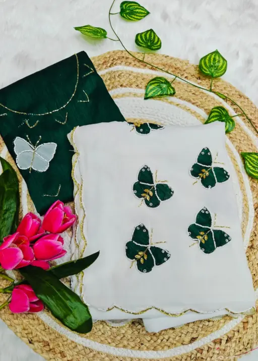 Butterfly Handwork Saree White Green