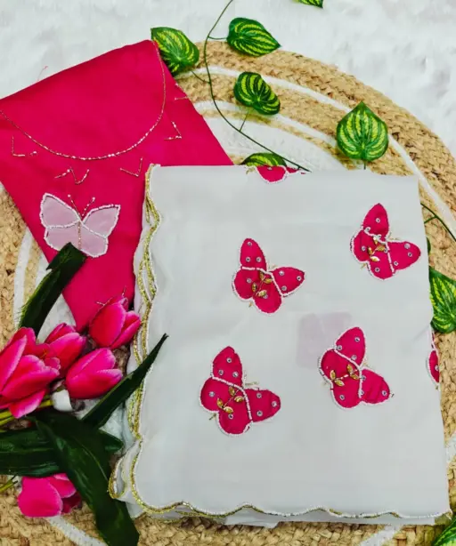 Butterfly Handwork Saree White pink