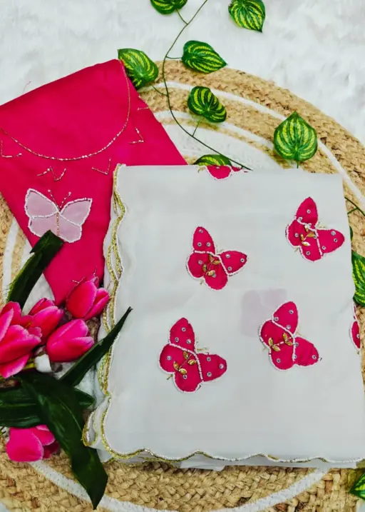 Butterfly Handwork Saree White pink
