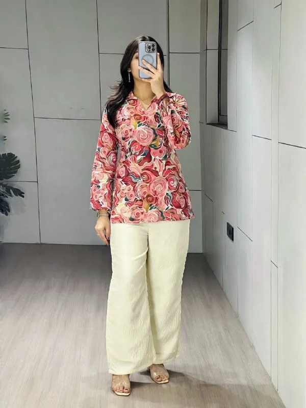 Cotton Printed Short Top with Plazzo Cherry - Image 2