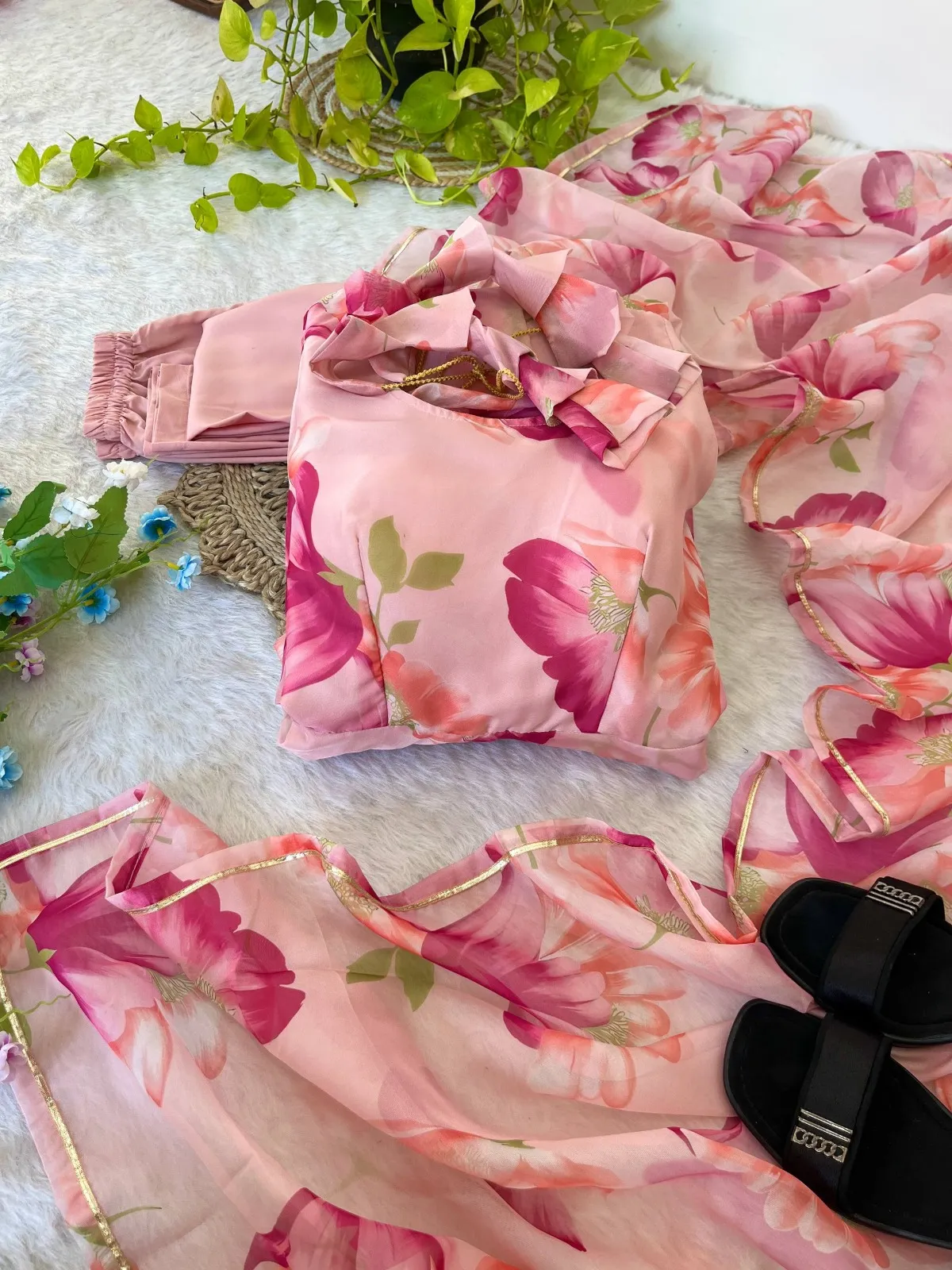 Cotton Printed Short Top with Plazzo Cherry - Image 3