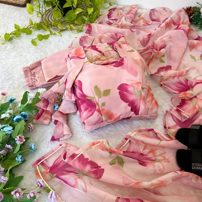 Cotton Printed Short Top with Plazzo Cherry - Image 4