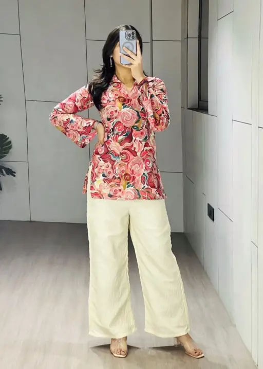 Cotton Printed Short Top with Plazzo Cherry