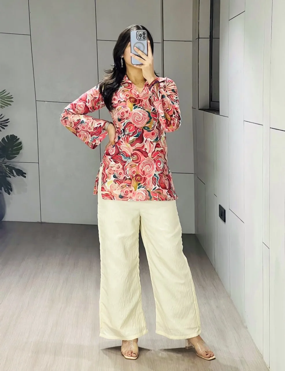 Cotton Printed Short Top with Plazzo Cherry - Image 7