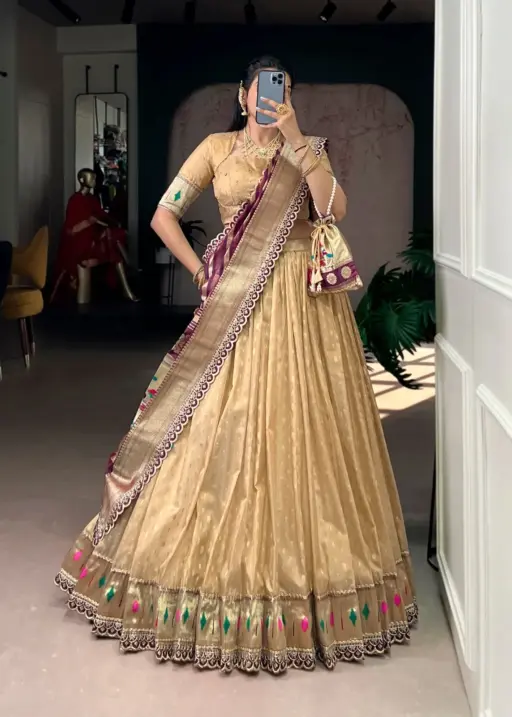 Creme Wedding Lehenga Choli with Paithani Dupatta