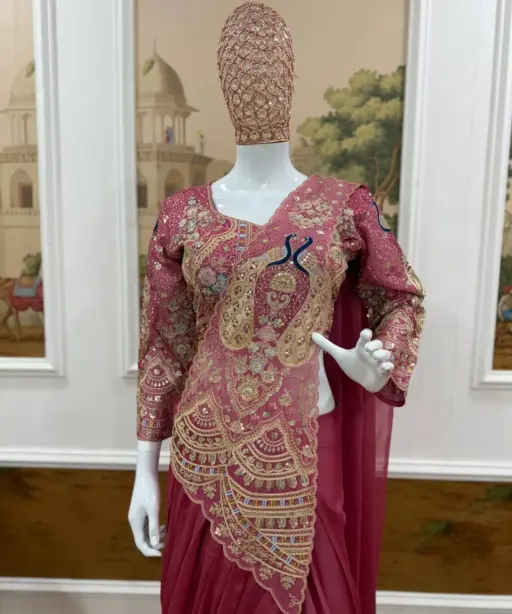 Double Peacock Pallu Readymade Saree Pink Color