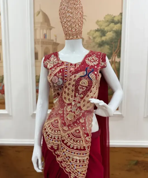 Double Peacock Pallu Readymade Saree Red Color